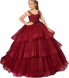 Elegant burgundy sleeveless lace tulle ball gown princess dress for girls formal occasions
