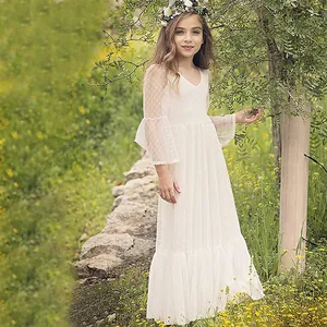 Robe de Demoiselle d'Honneur en Dentelle à Manches Longues pour Fille Col en V Manches Évasées Maxi Princesse Mariage