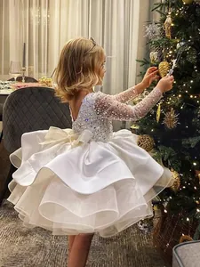 Girls Sequin Lace Long Sleeve Tulle Puff Princess Wedding Party Dress With Bow Back Formal Pageant Gown For Kids