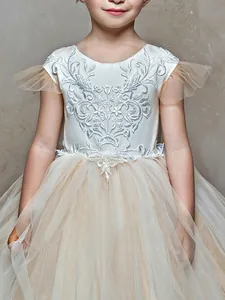 Robe de demoiselle d'honneur champagne avec broderie et jupe en tulle multicouche