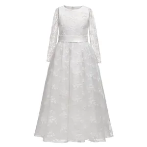 Flower Girl Lace Long Sleeve Wedding Dress White Kids Elegant Princess Gown For Birthday Party Performance Ceremony
