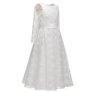 Elegant white lace long sleeve flower girl dress with satin waistband for ceremonies