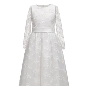White lace long-sleeved girls formal dress with satin sash for weddings and parties