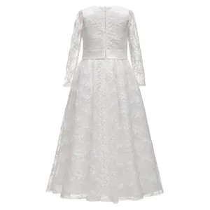 Elegant white lace long sleeve flower girl dress with satin waistband for formal weddings