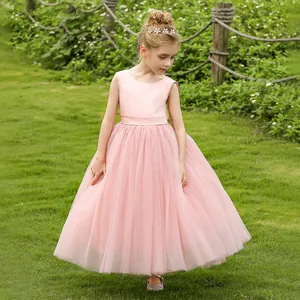 Rosa ärmelloses Satin- und Tüll-Blumenmädchenkleid mit Schleife für Hochzeiten