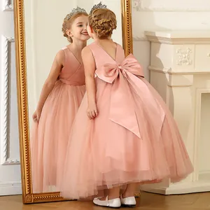 Robe de princesse rose sans manches pour filles avec grand nœud et jupe en tulle