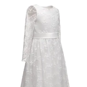 Elegant white lace long-sleeved girls' flower girl dress with satin waist ribbon decoration