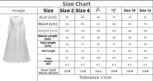 Size guide for girls lace long sleeve dress showing measurements from size 2 to 12