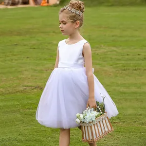 Elegant sleeveless white satin and tulle flower girl dress for weddings and parties