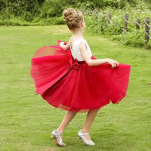 Vestido de princesa para niña con encaje, falda de tul rojo y gran lazo para fiestas