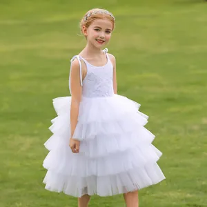 Vestido de novia blanco para niña con encaje y falda de tul a capas con lazos