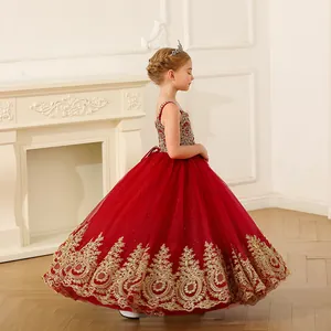 Robe de princesse rouge pour fille avec broderies dorées et jupe en tulle multicouche