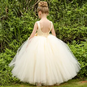 Champagne backless puffy tulle princess dress for girls outdoor party and birthday events