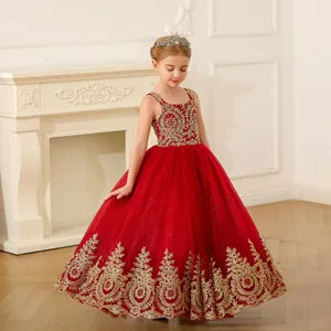 Robe de Soirée de Luxe Bordeaux pour Fille Tulle Bouffant Broderie Or Performance Anniversaire Robe de Princesse Mariage
