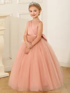 Robe de Princesse Fille Mariage Fête Sans Manches Satin Maille Tulle Robe de Bal Avec Grand Nœud Anniversaire Formel