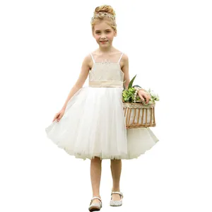 Girl's white lace summer tutu dress with champagne satin belt and spaghetti straps