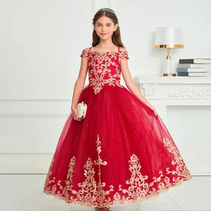 Exquisite gold floral embroidery on elegant red lace off-shoulder flower girl dress