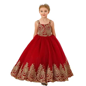 Robe de princesse rouge pour fille avec broderies dorées et jupon en tulle bouffant