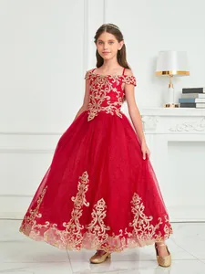 Close-up of golden embroidery and shimmering red tulle layers on a girl's party dress