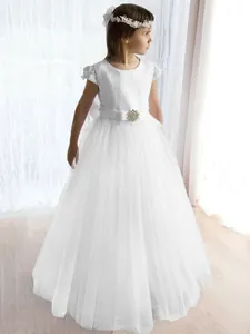 Élégante Robe de Demoiselle d'Honneur en Dentelle pour Mariage Fête Enfants Manches Courtes Maille Princesse Longueur au Sol Robe Bouffante Avec Nœud en Satin Strass pour Filles