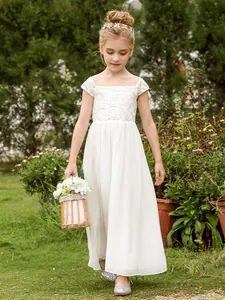 Elegante Meisjes Kant Chiffon Bruidsmeisjesjurk Off-shoulder Prinses Bruiloft Feest Formele Jurk Voor Kinderen