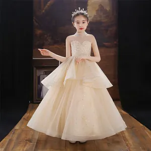 Robe de bal champagne pour fille avec paillettes et tulle pour mariages ou piano