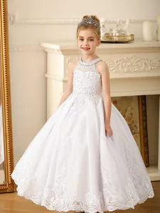Luxury Girls Halter Lace Flower Girl Dress Sequin Embroidery Tulle Princess Ball Gown Birthday Wedding Party Evening Formal Gown