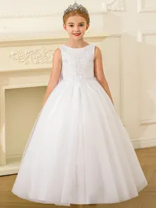 Robe de Princesse en Dentelle et Maille pour Filles Sans Manches Broderie Florale Nœud Robe Tutu pour Anniversaire Mariage Performance