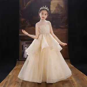 Robe de demoiselle d'honneur Champagne à paillettes en tulle à étages pour enfants Performance de mariage de fête de princesse