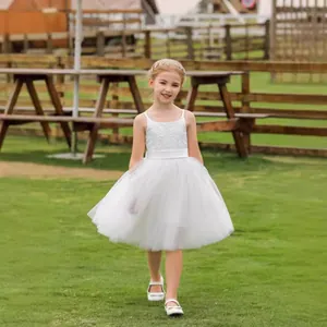 Abito da Damigella in Pizzo e Tulle per Bambina Senza Maniche Abito da Principessa con Fiocco per Matrimonio Compleanno Cerimonia Formale