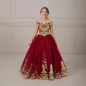 Girls Princess Lace Off-Shoulder Long Formal Dress Gold Embroidery Tulle Mesh Flower Girl Wedding Party Host Performance