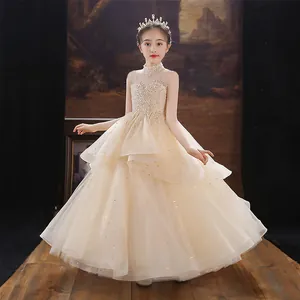 Robe de princesse champagne pour filles avec jupe en tulle et broderie florale