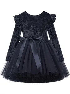 Mädchen Langarm Samt Netz Prinzessin Kleid Mit Satin Schleife Rüschen Schulter Kinder Party Geburtstag Abendkleid