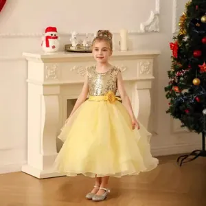 Kids Girls Sequin Lace Tulle Princess Dress Sleeveless Mesh Flower Girl Gown For Wedding Party Birthday Performance Gown