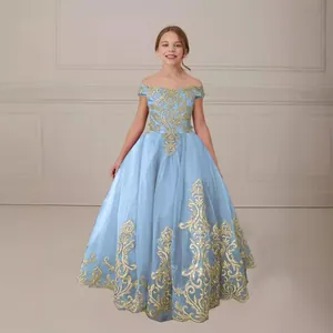 Light blue off-shoulder girls floor-length ball gown with ornate gold embroidery details