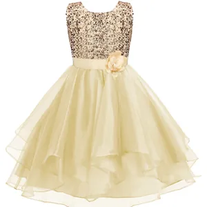 Champagne gold sleeveless party dress for girls with sequined bodice and layered mesh tutu skirt