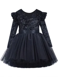 Elegantes Mädchen-Prinzessinnenkleid aus schwarzem Samt und Tüll für Partys
