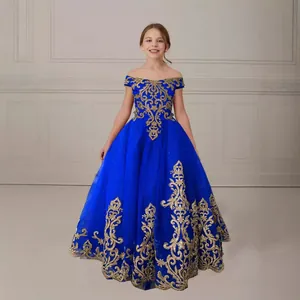 Luxury royal blue flower girl dress with off-shoulder lace and gold floral embroidery