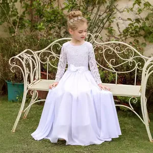 Robe de Demoiselle d'Honneur Élégante en Dentelle à Manches Longues pour Filles Longueur Sol Tulle Princesse Soirée pour Anniversaire