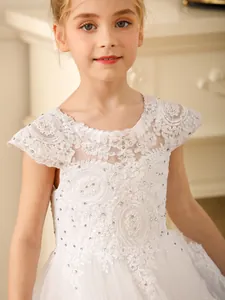 Elegant white flower girl dress with lace floral embroidery and sparkling rhinestones