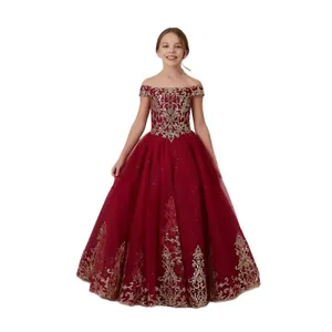Lace girl princess dress with off-shoulder neckline and gold embroidery in burgundy