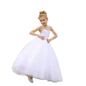 Weißes Mädchen-Abendkleid mit Spitze und mehrlagigem Tüll für Hochzeiten und Feste