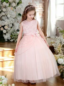 Vestido de Niña de Flores Rosa Sin Mangas Princesa de Malla Pomposa para Boda Fiesta Actuación Con Aplique Floral 3D Lazo de Satén