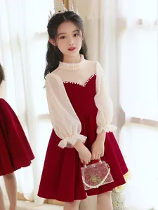 Abito da Principessa in Velluto Stile Cinese per Bambina Rosso Vino Patchwork in Maglia Maniche a Sbuffo Vestito da Cerimonia