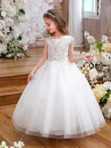Close-up of intricate silver embroidery and sequin bodice on champagne flower girl dress