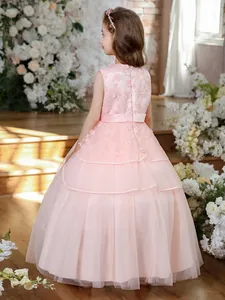 Vestido rosa sin mangas para niña con bordado floral y falda de tutú de tul a capas