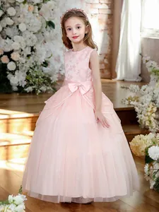 Vestido rosa sin mangas para niña con encaje floral y falda de tul para fiestas de gala