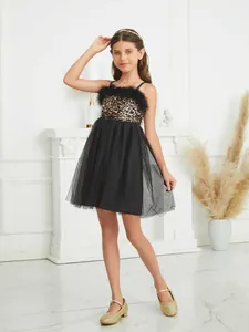Girls black sequin party dress with feather neckline and tulle skirt for special occasions