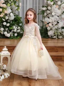 Elegant champagne tulle flower girl dress with floral embroidery and sequin details