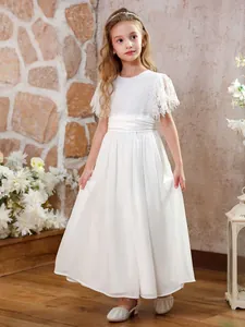 Damen Weißes Spitze Chiffon Prinzessinnenkleid Elegant Blumenmädchen Hochzeit Party Kleid Herz Ausschnitt Hinten Kinder Maxikleid